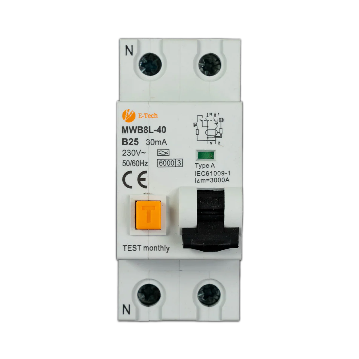 E-TECH Aardlekautomaat B25 30mA 1P+N 36mm
